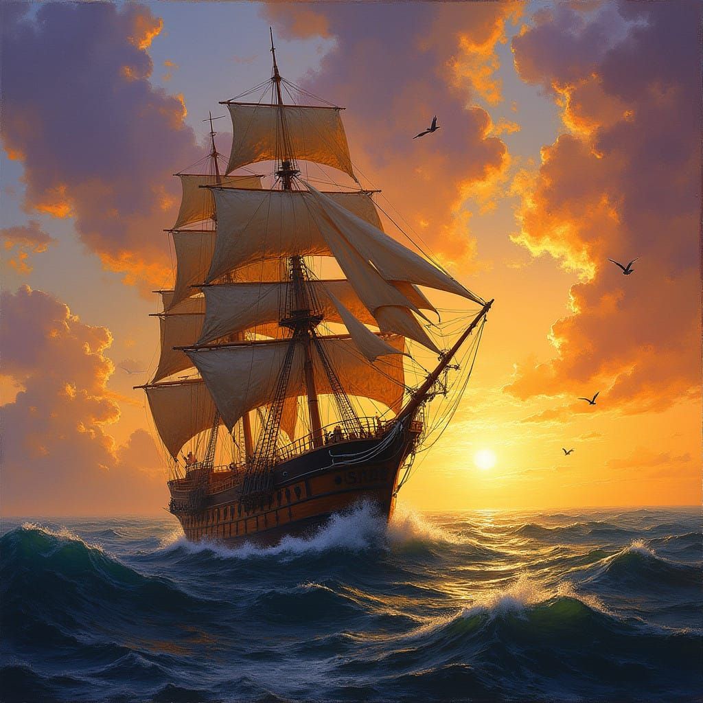 Majestic Tall Ship Sails Through Vibrant Seas at Sunset in O...