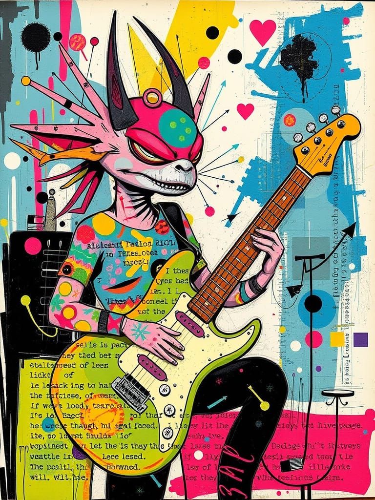 Vibrant Punk Rock Collage of Axolotl in Abstract Musical Fus...