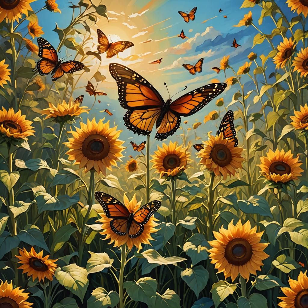 Sunflowers and Monarchs in Grassy Field