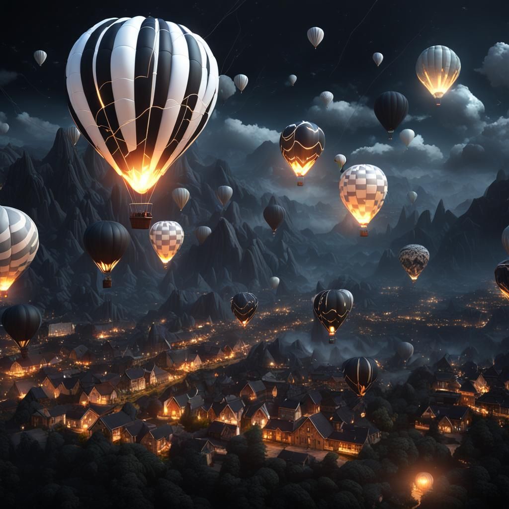 White Hot Air Balloons in Lightning Sky