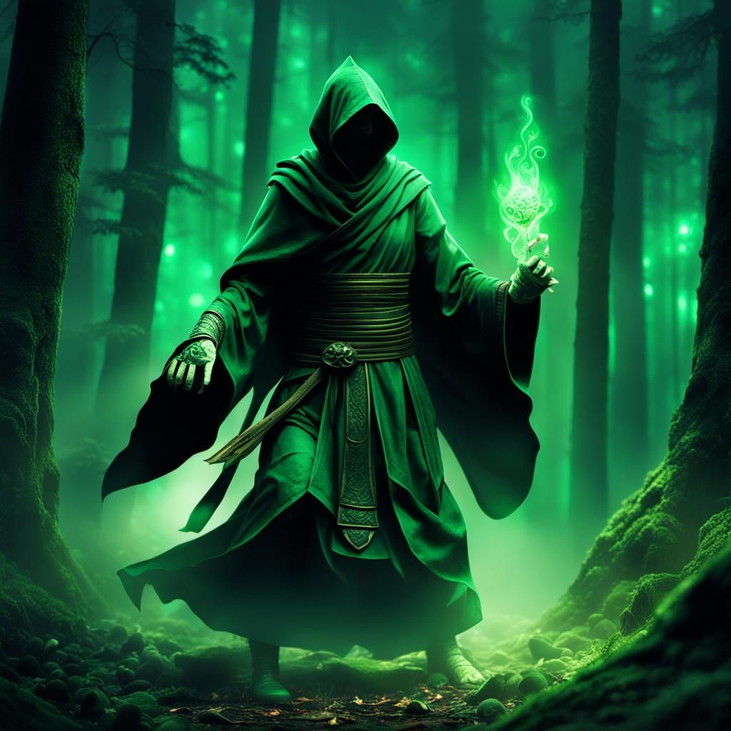 Mysterious Green Monk Warrior in Bioluminescent Forest