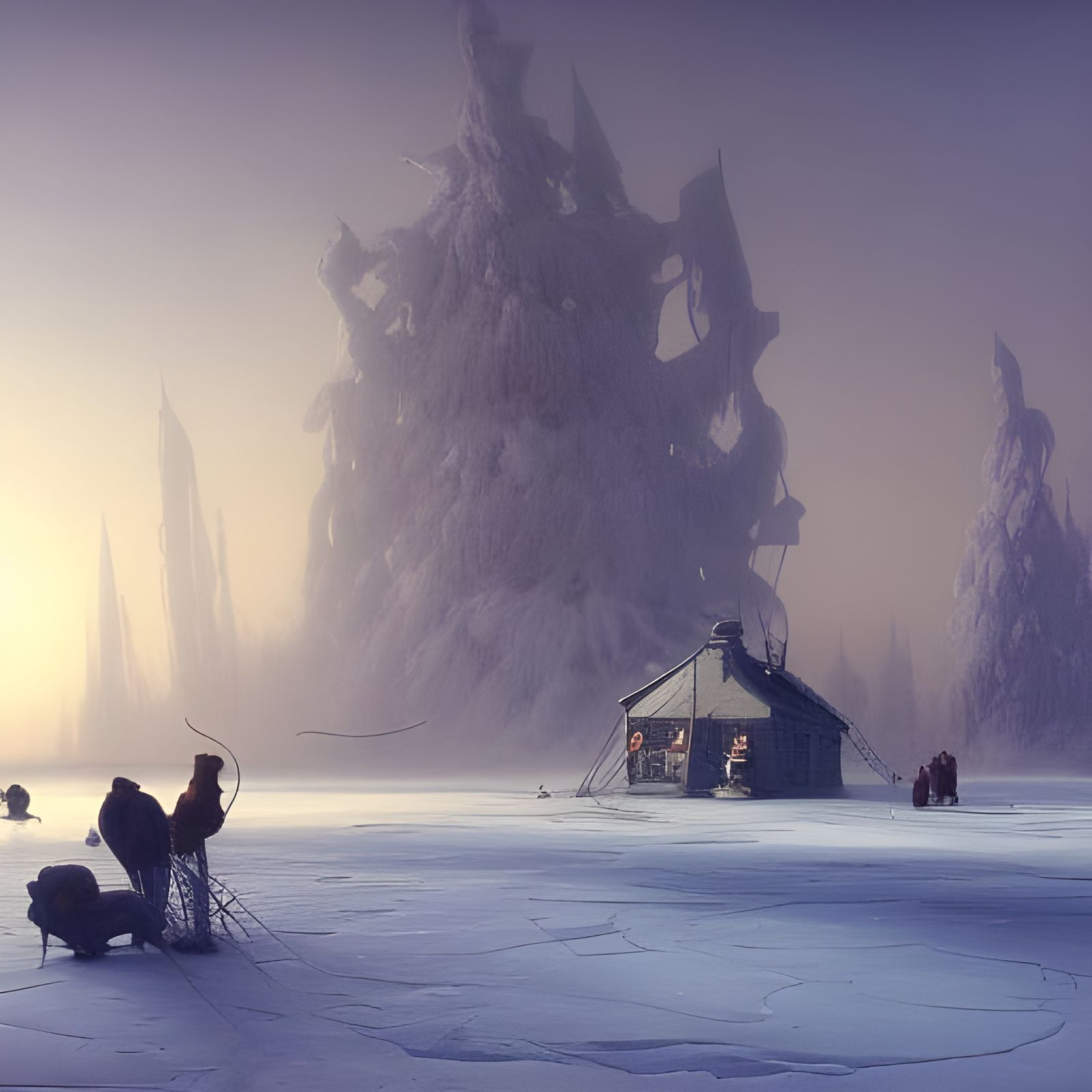 Ice Fishing Shanty on Frozen Lake at Night