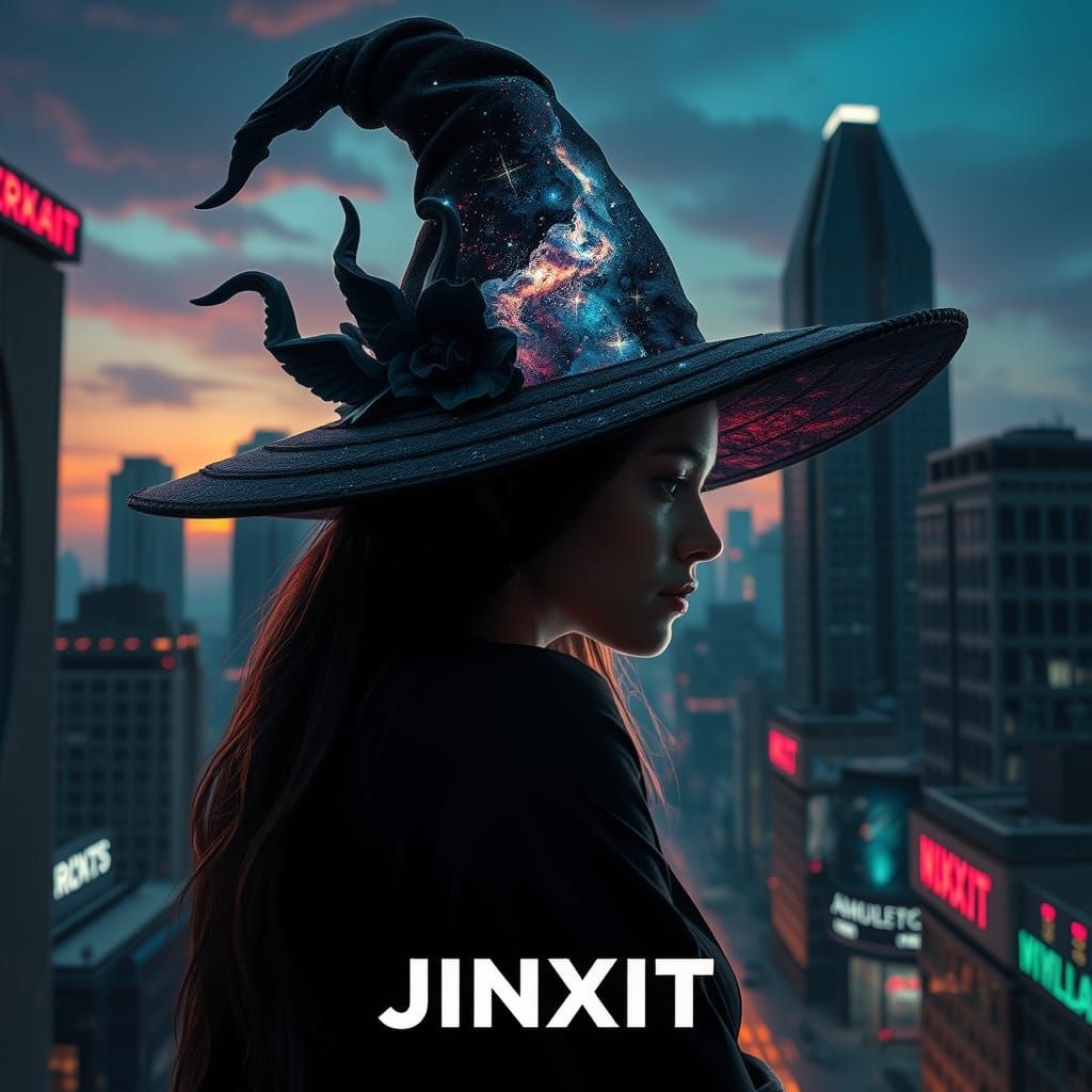 Victorian Witch in Dystopian Cityscape: Digital Art