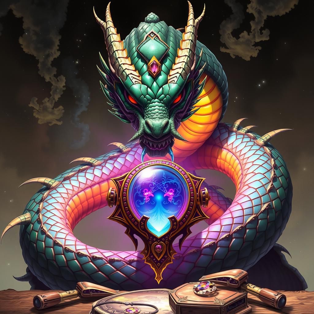 Dragon Coiled Around Ancient Relic in Biomechanical Style