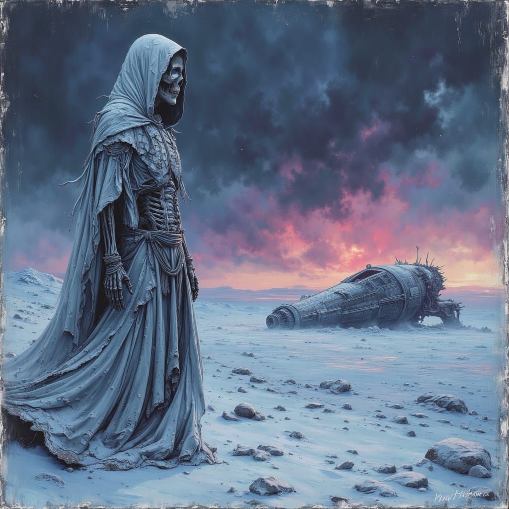 Spectral Figure on Desolate Plain Before Derelict Spaceship