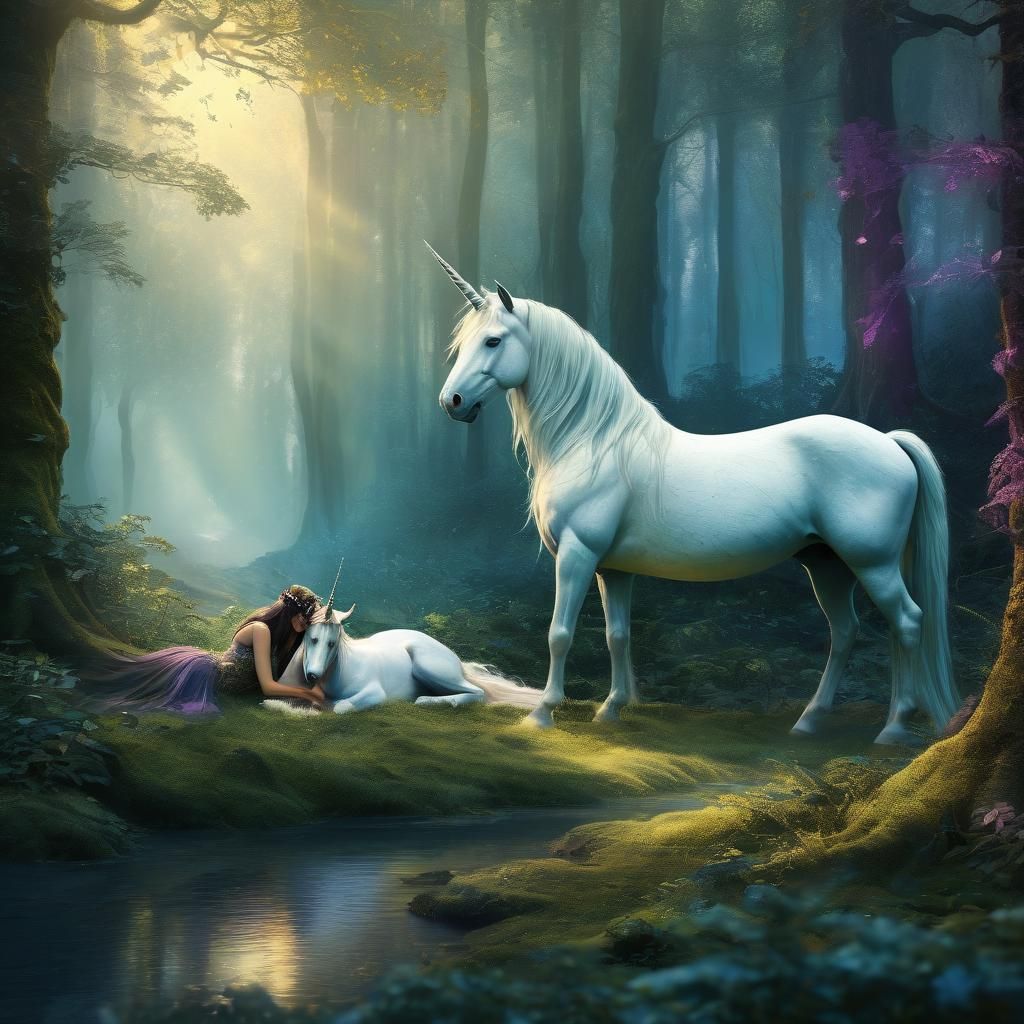 Fairy and Unicorn in Forest, Watercolor Concept Art