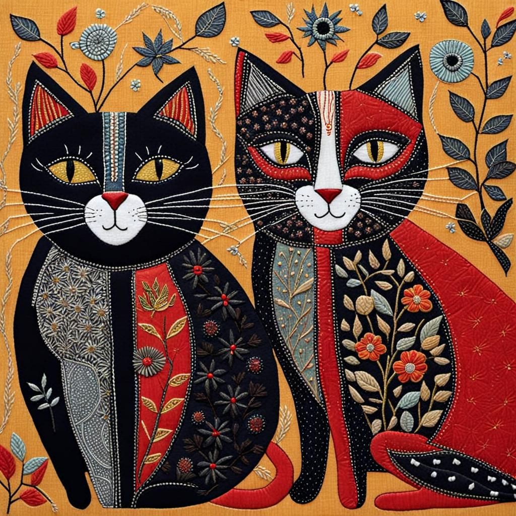 Whimsical Happy Cats in Textile Folk Art
