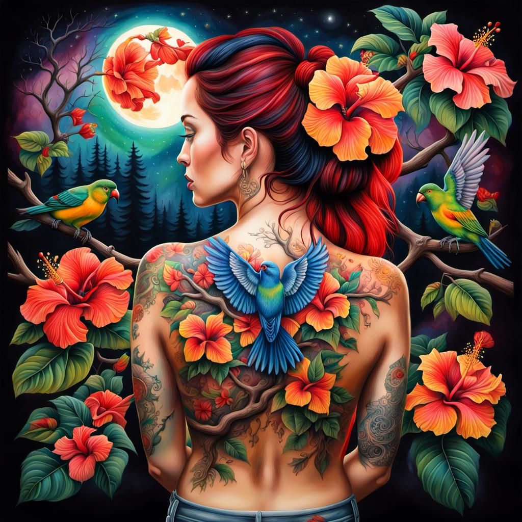 A hyper-realistic oil painting depicting a detailed tattoo d...