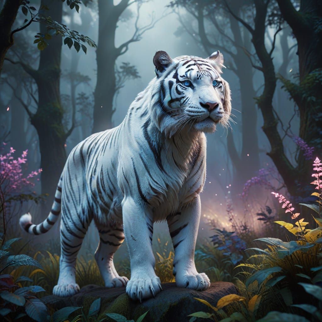 Majestic White Tiger in Mystical Forest
