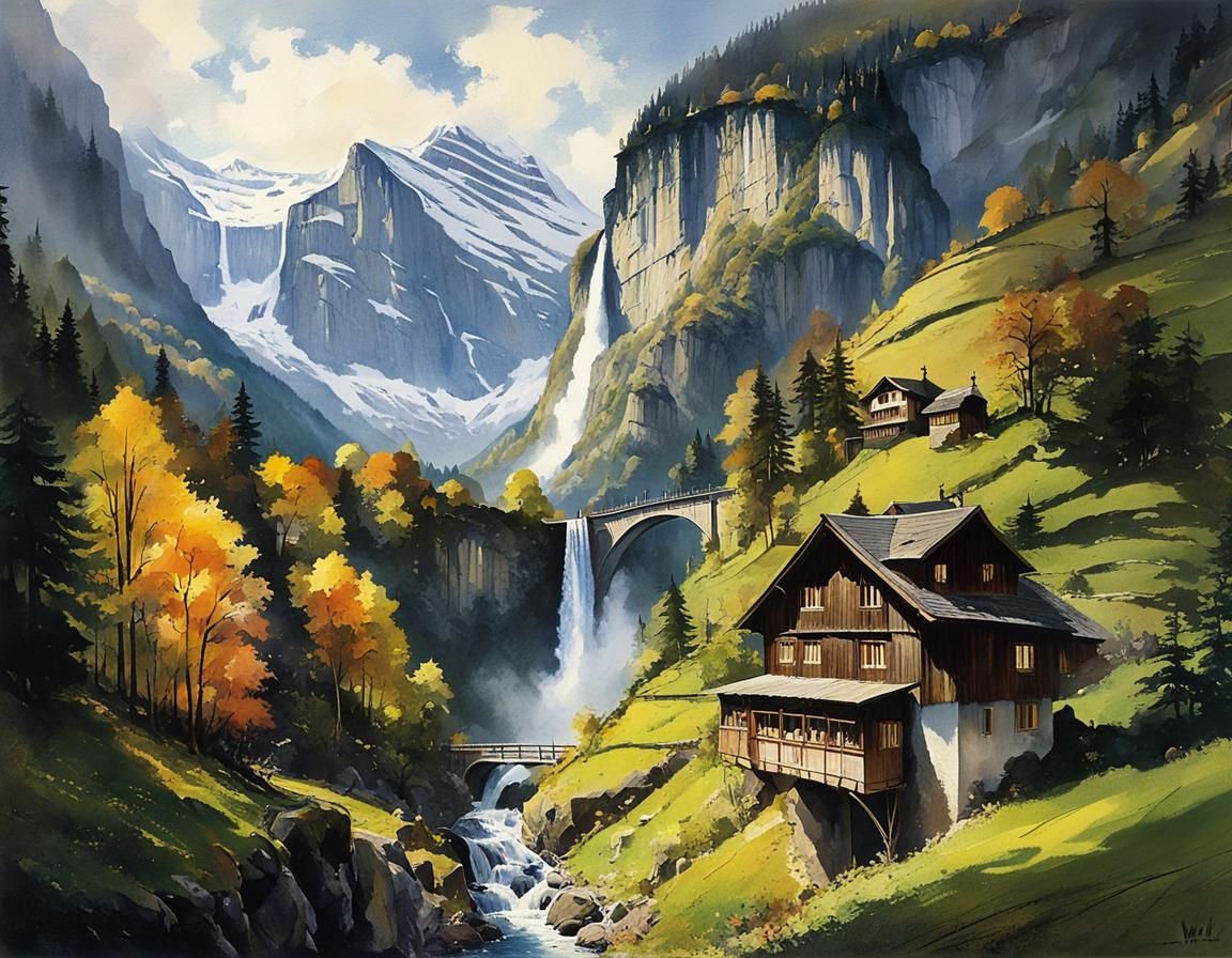 Lauterbrunnen Waterfalls in Watercolor Style