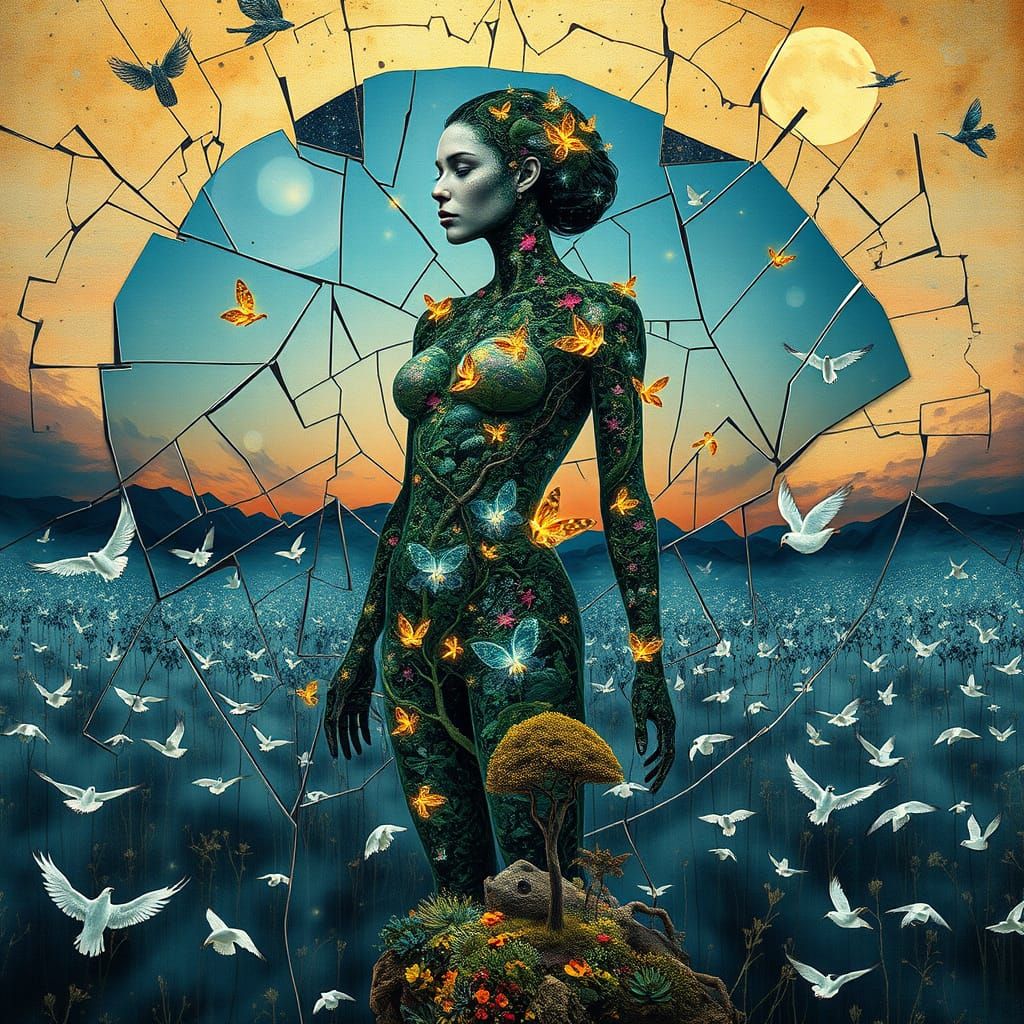 Surreal Bio-Art Collage: Woman as Interconnected Ecosystem