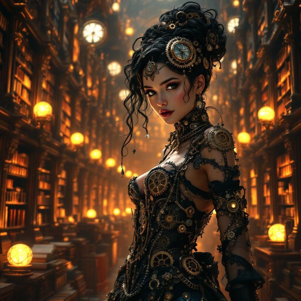 Steampunk Lady in Grand Library: Portrait