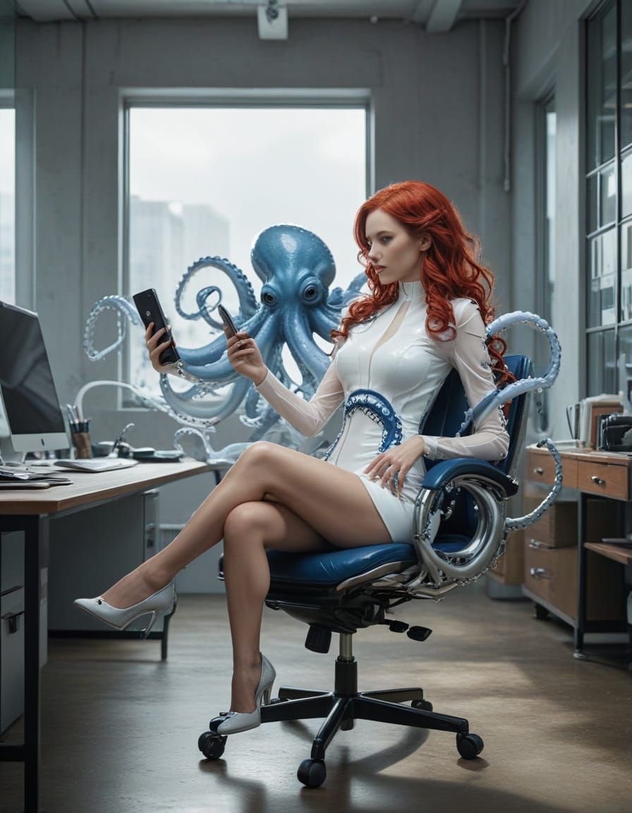 A striking and imaginative scene set in a modern office environment. At the center, a figure designed to resemble a woma...