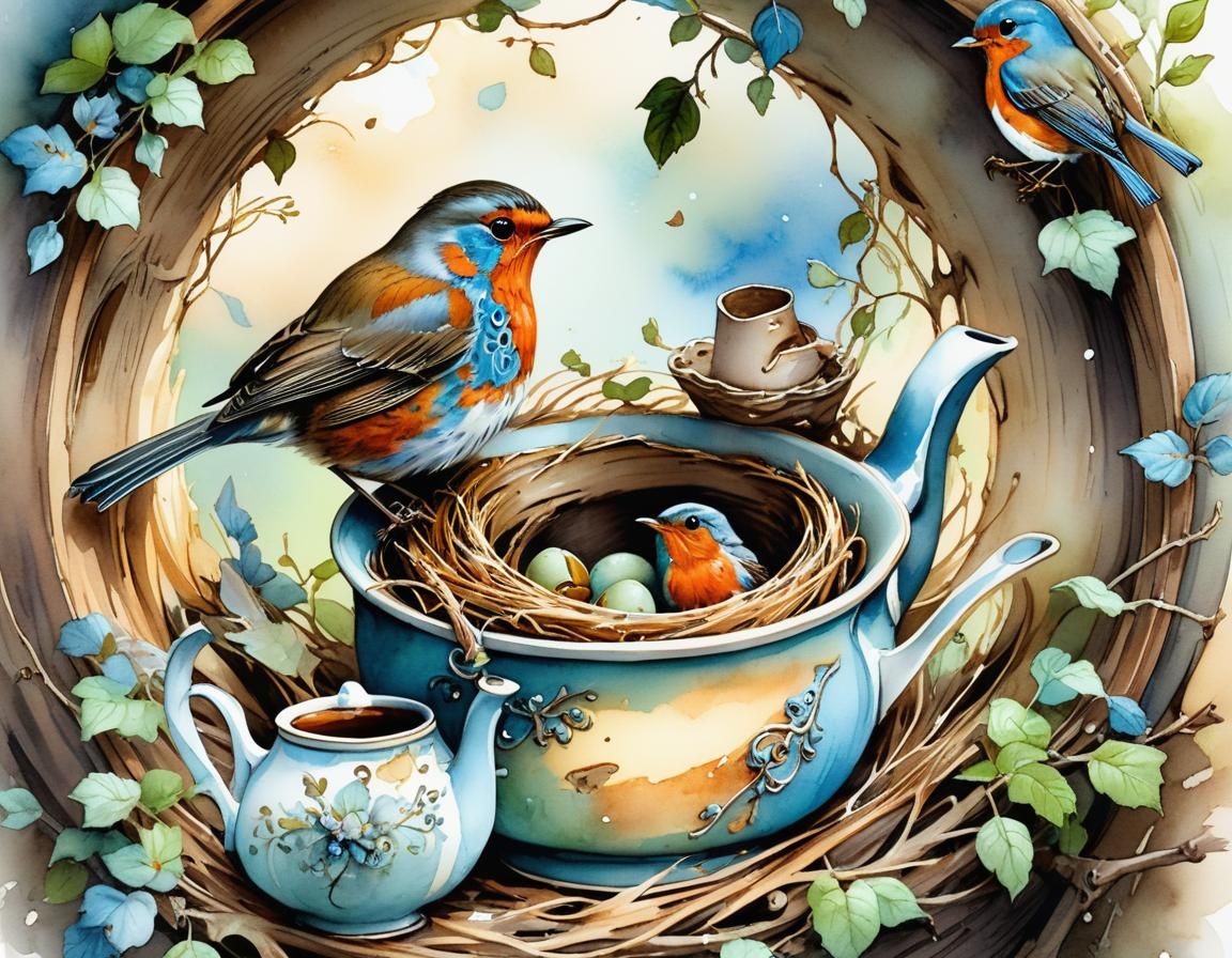 Cute Robin Feeds Young in Whimsical Teapot Nest, Filigree Il...