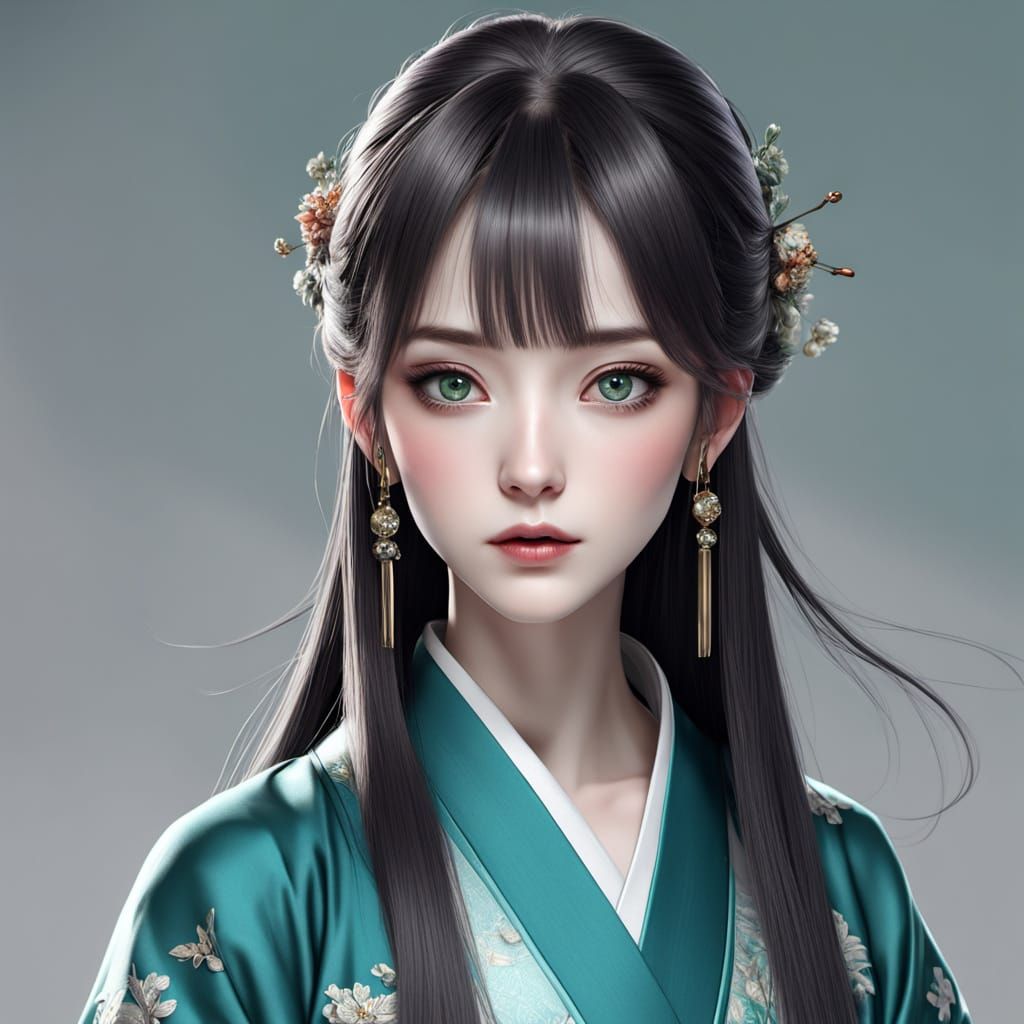 Anime Girl in Kimono: Hyperrealistic 3D Art