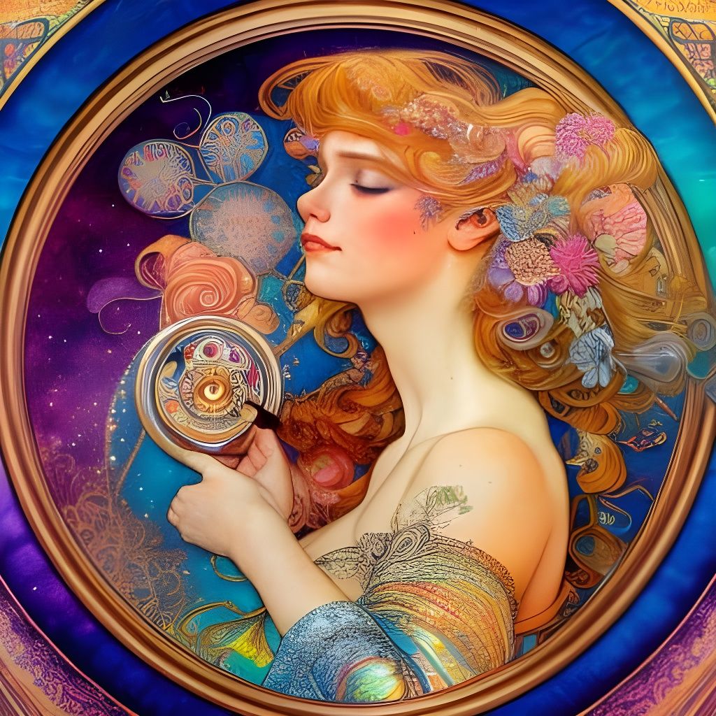 Woman Spinning Silk: Art Nouveau Watercolor Portrait