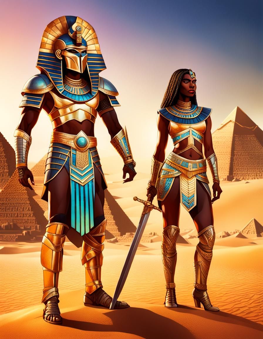 Sci-Fi Egyptian Warriors in Futuristic Desert Landscape