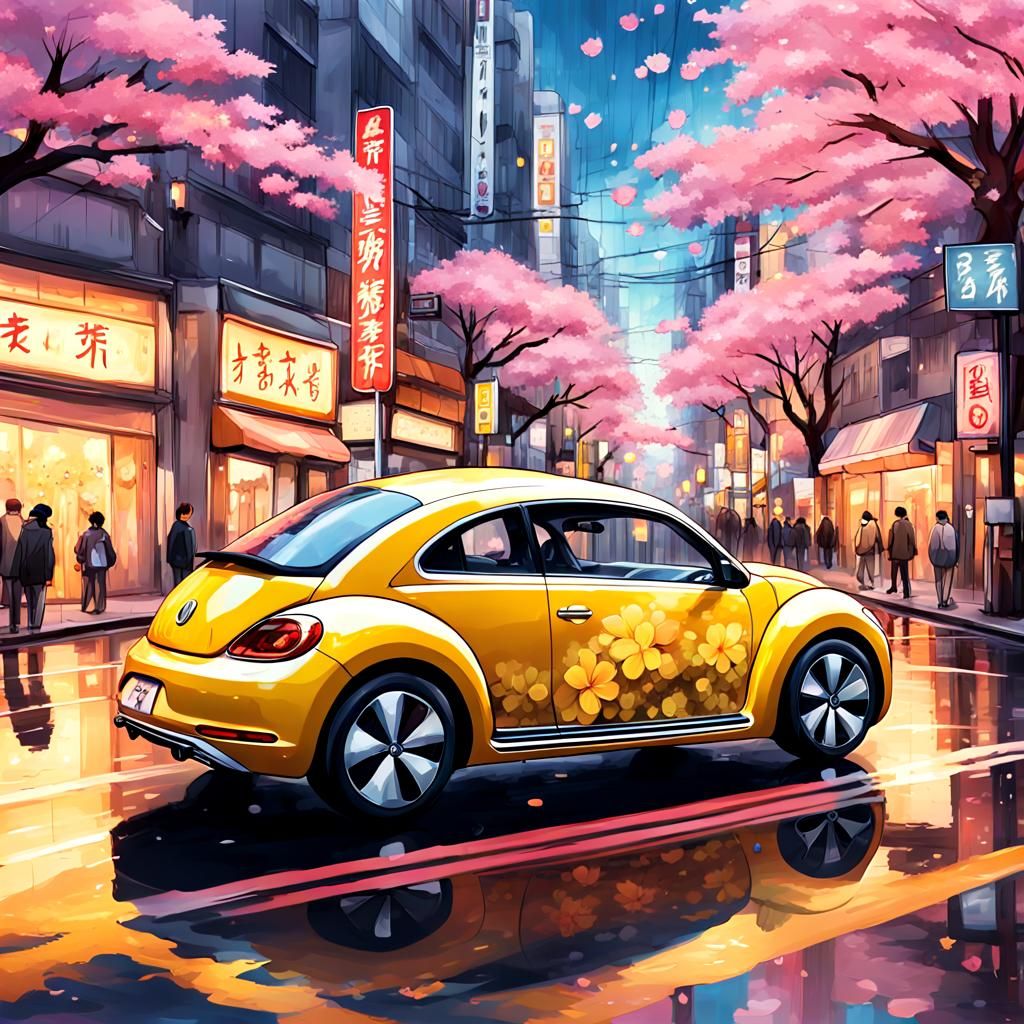 Yellow Beetle Speeds Through Tokyo: Manga Illustration