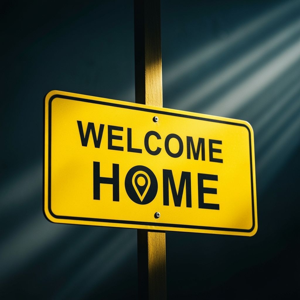 Yellow 'Welcome Home' Sign with Kidnapper Pin Symbol