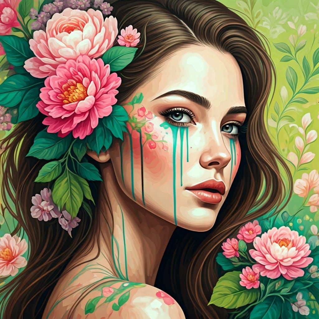 Psychedelic Woman with Floral Face: Abstract Expressionism