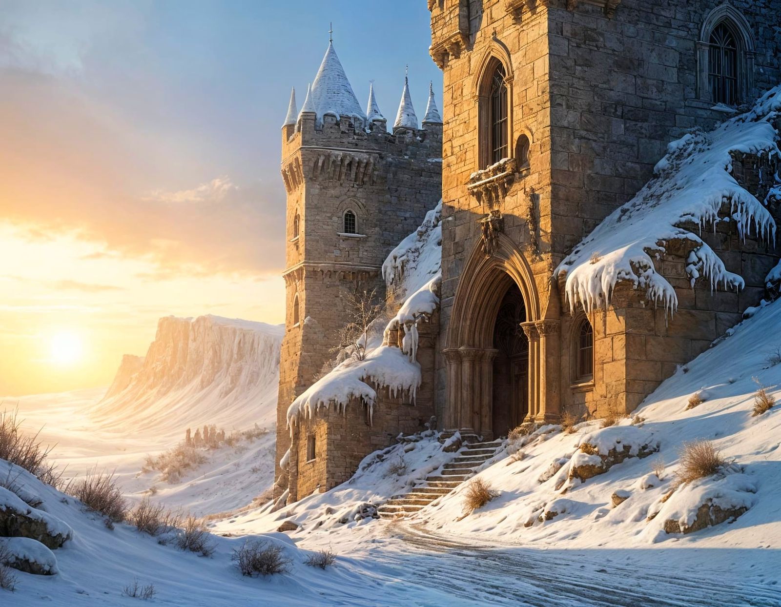 Snowbound Castle Keep at Sunset in Ethereal Style