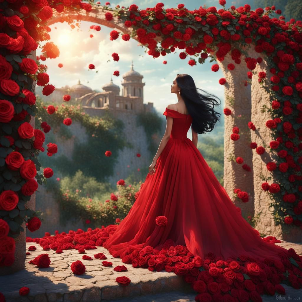Woman in Rose Dress: Cinematic Digital Painting
