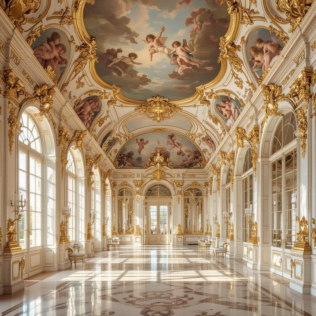 Rococo Interior Design with Gilded Moldings and Fresco Ceili...