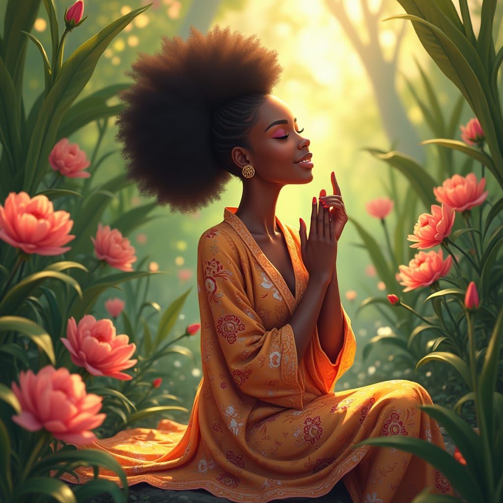 Serene Black Woman in Floral Anime Landscape