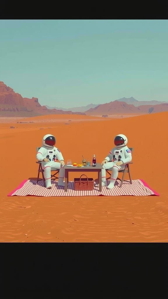 Astronauts on Mars Enjoy a Vibrant Picnic in a Wes Anderson-...