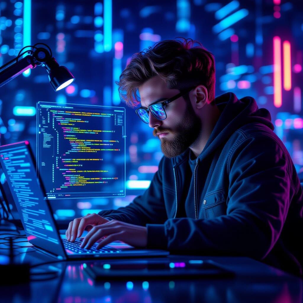 Cyberpunk Developer Coding on Transparent Laptop