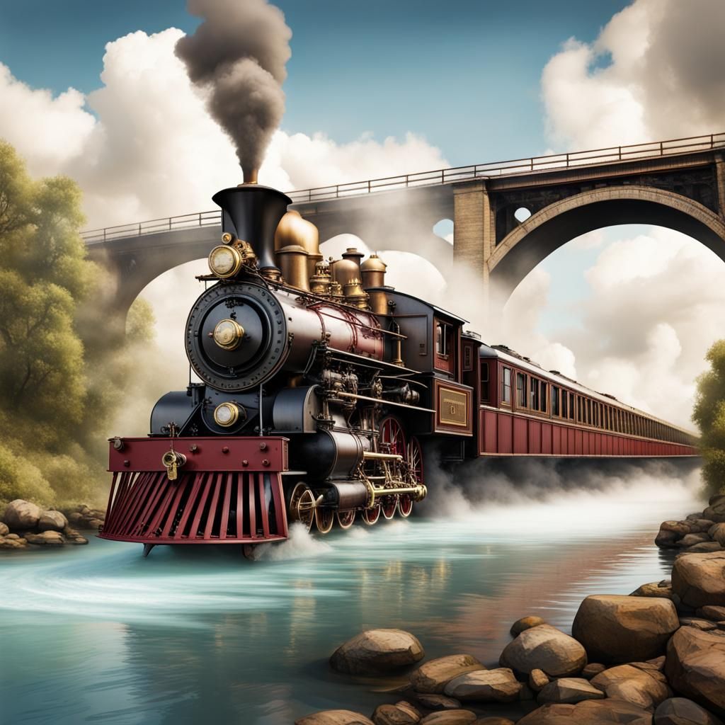 Steampunk Train Crosses River on Long Bridge