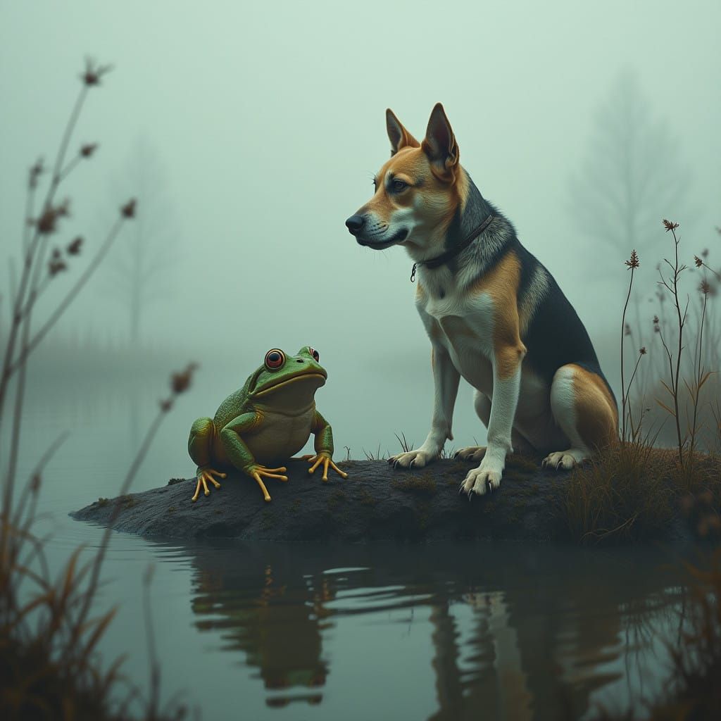 A Surreal Scene: Frog, Dog, and Fog in a Mysterious Bog