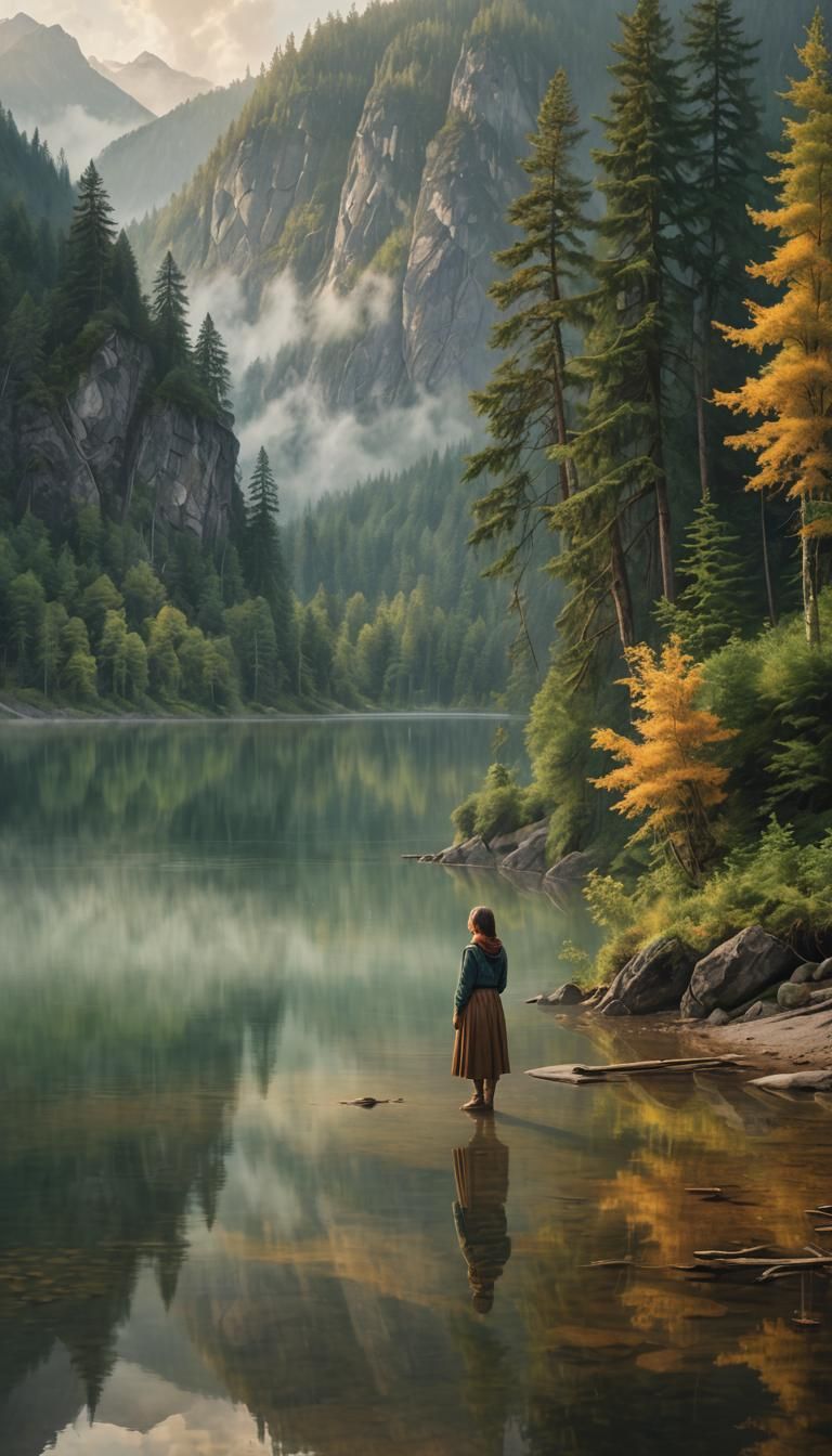 Misty Lake Landscape Painting with Serene Woman
