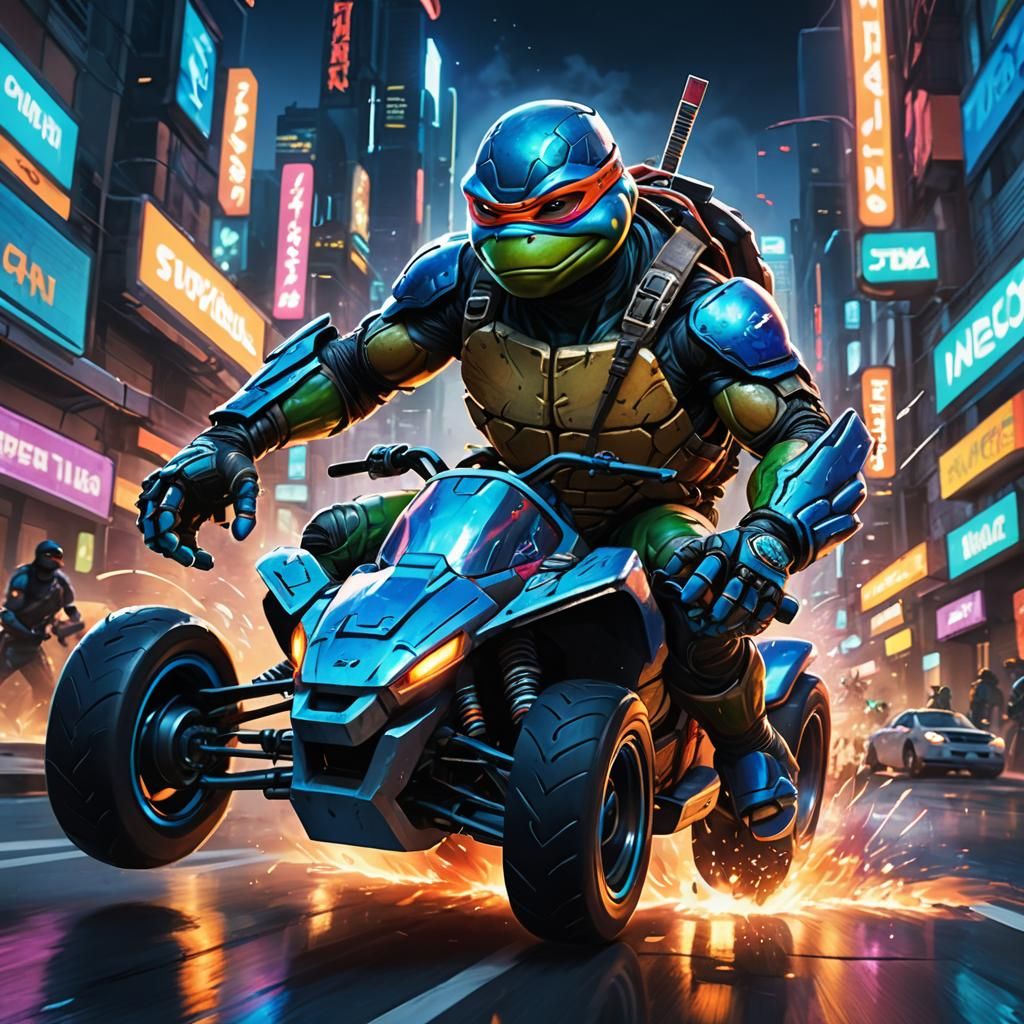 Turbo Ninja Turtle Races in Cyberpunk City