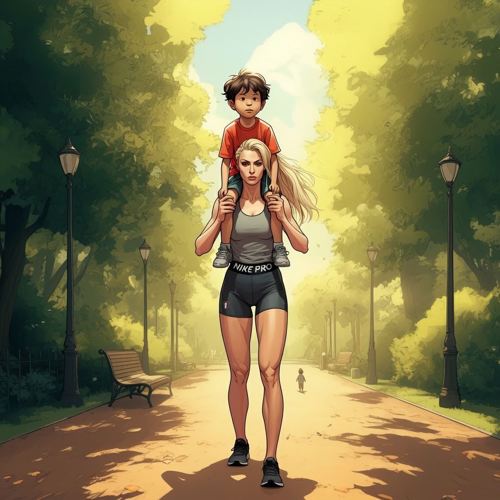 Boy on Shoulders of Athletic Italian Woman in Sunny Park