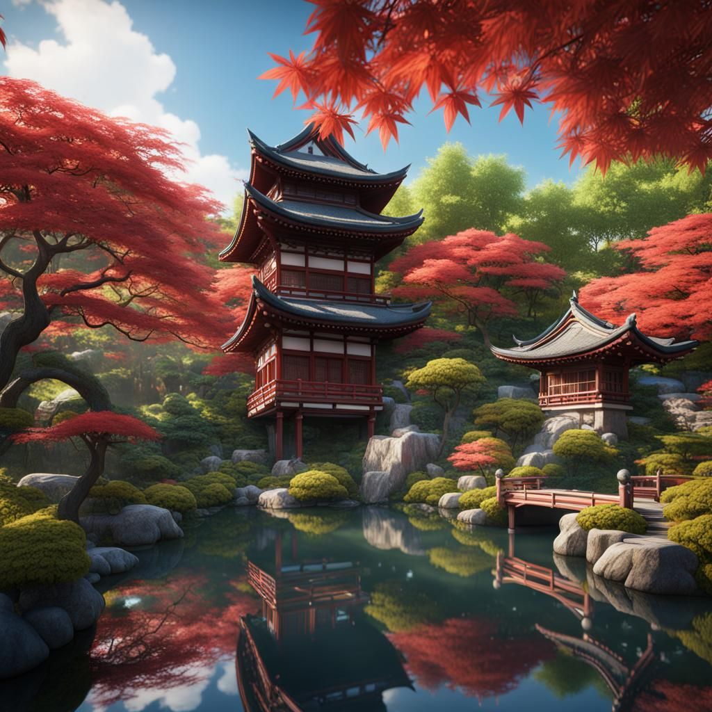 Japanese Garden with Maples and Bonsai Art