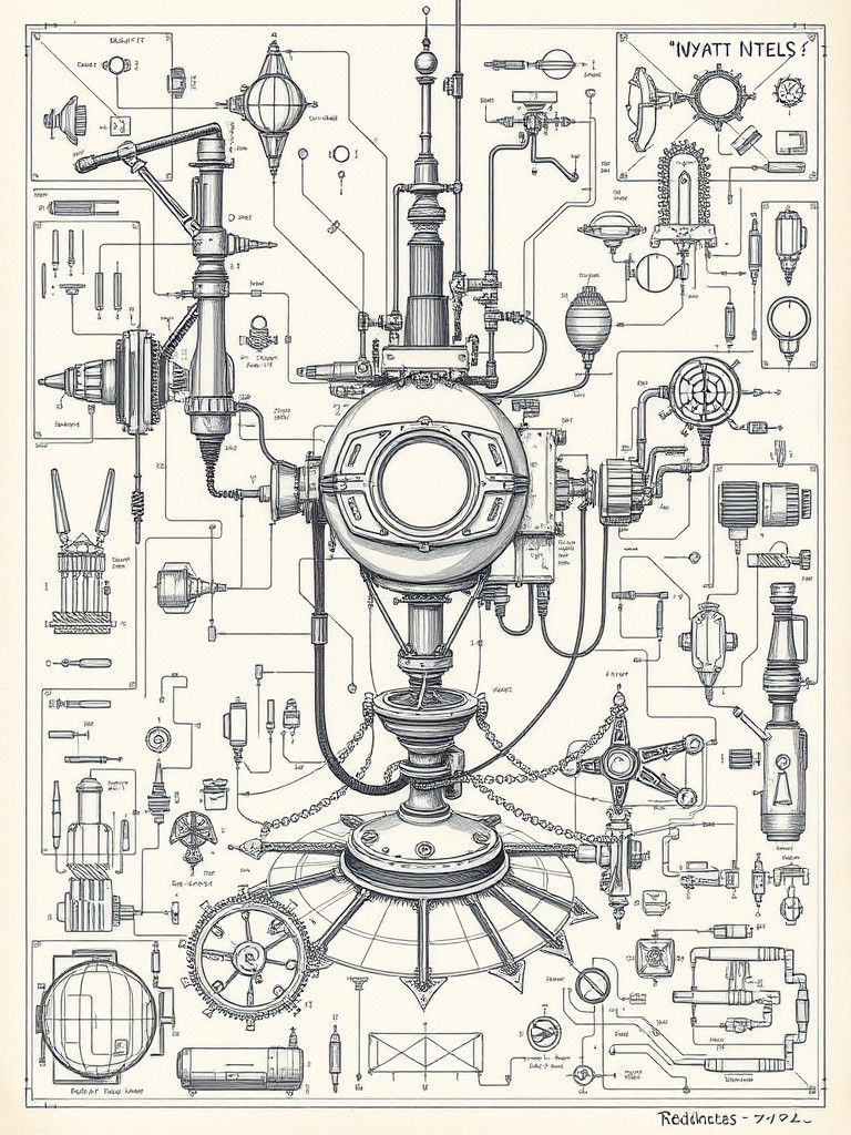Detailed Anti-Gravity Machine Illustration in Graphite