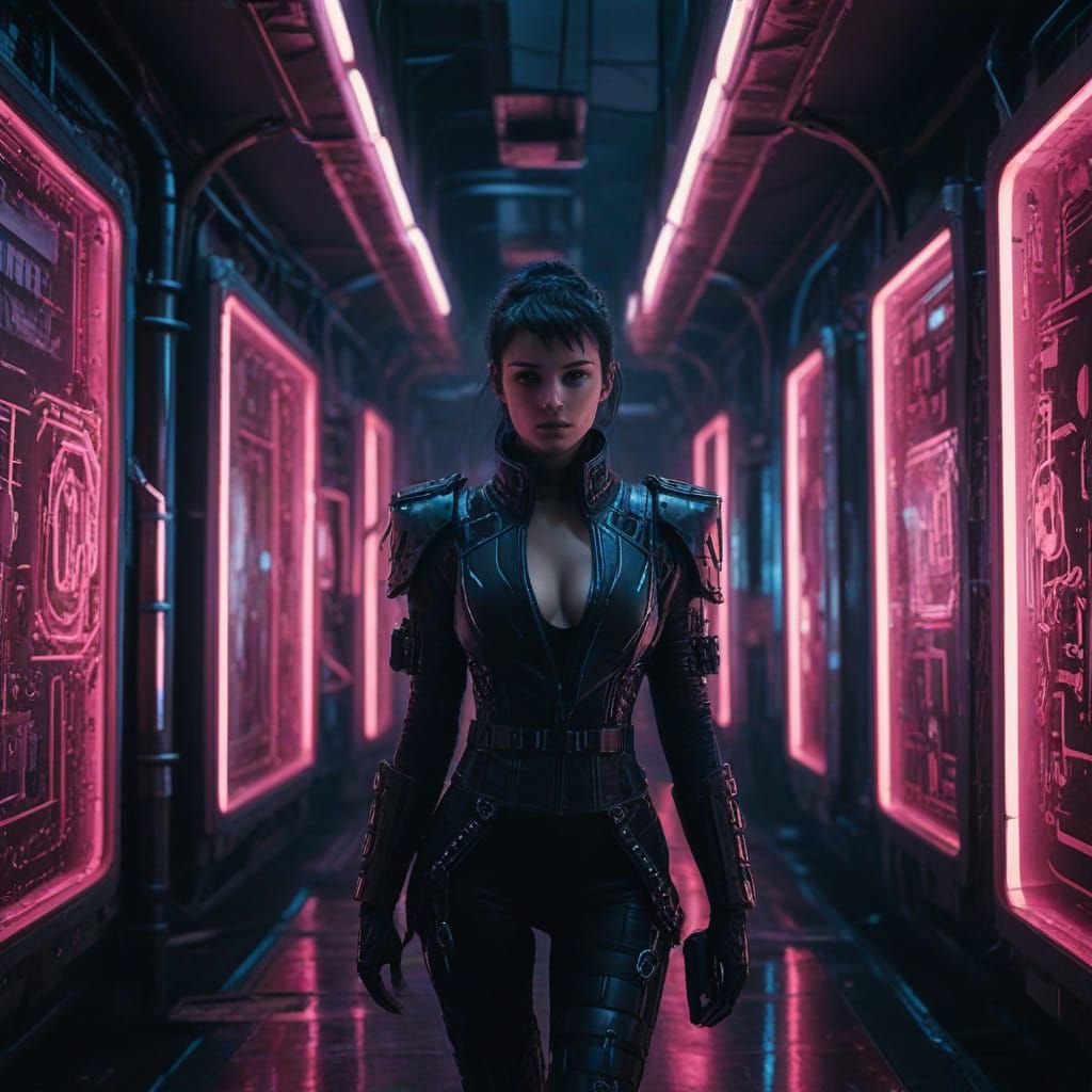 Cyberpunk Lady in Neon Lit Corridor