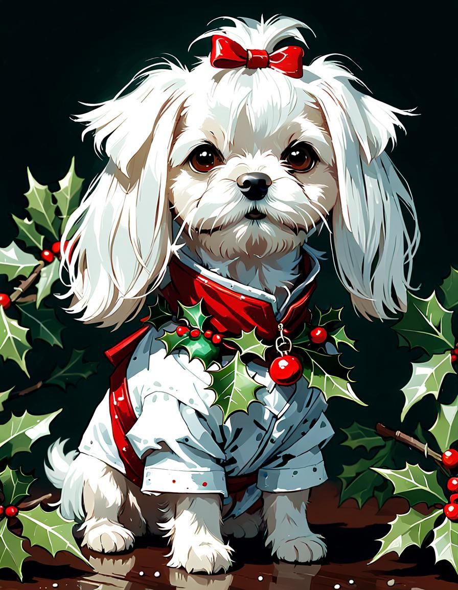 A Joyful White Maltese Dog in Festive Holly Attire, Digital...