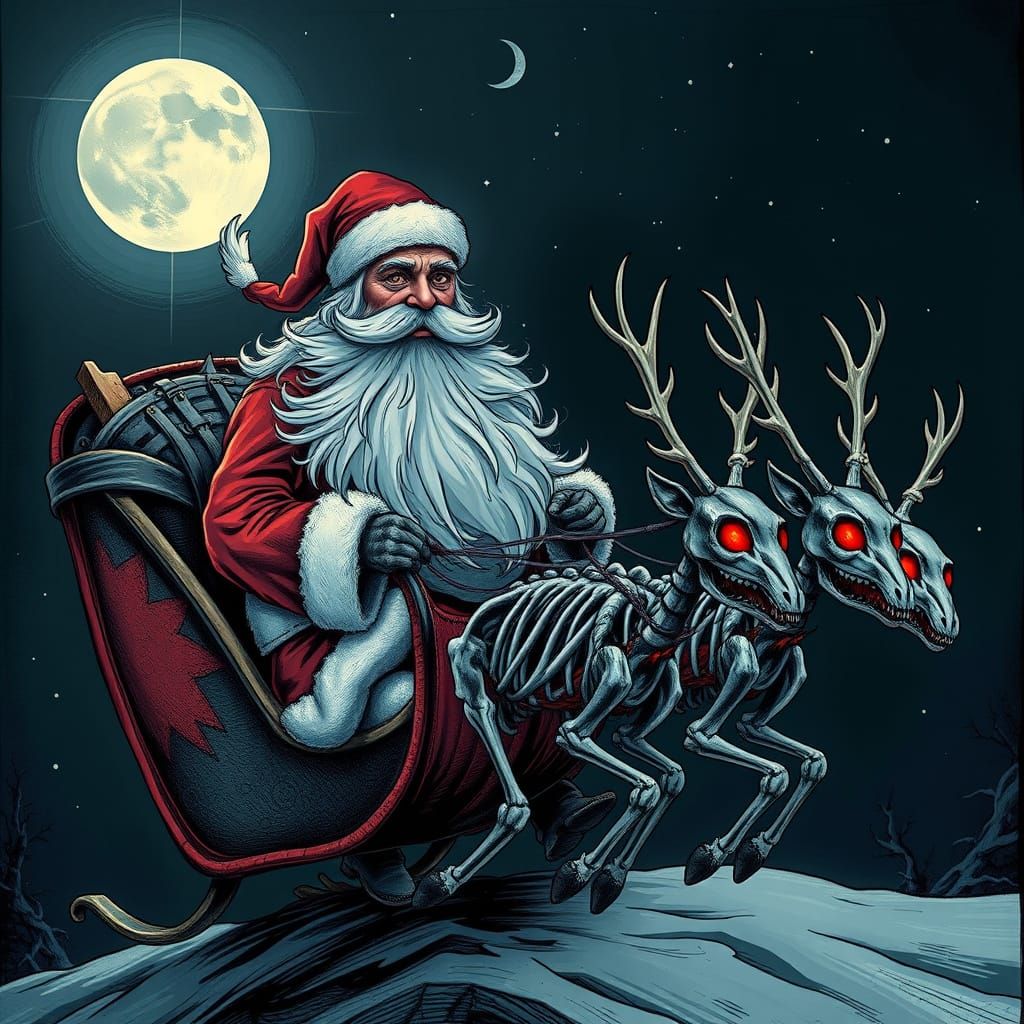 Dark Fantasy Santa with Skeleton Reindeer