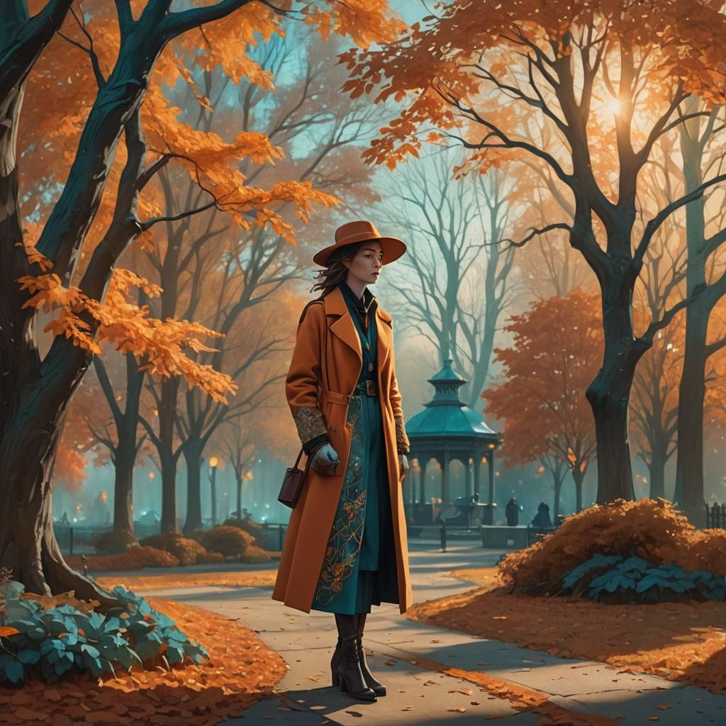 Woman in Autumn Park: Fantasy Concept Art