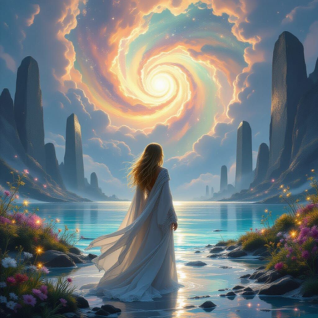 Woman Gazing at Nebulae in Liquid Fantasy Style