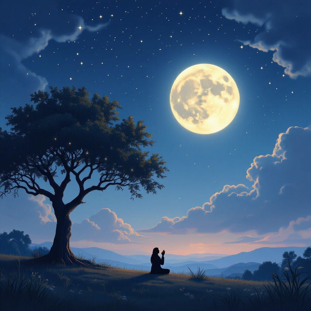 Midnight Serenity: Moonlit Prayer Under Starry Sky