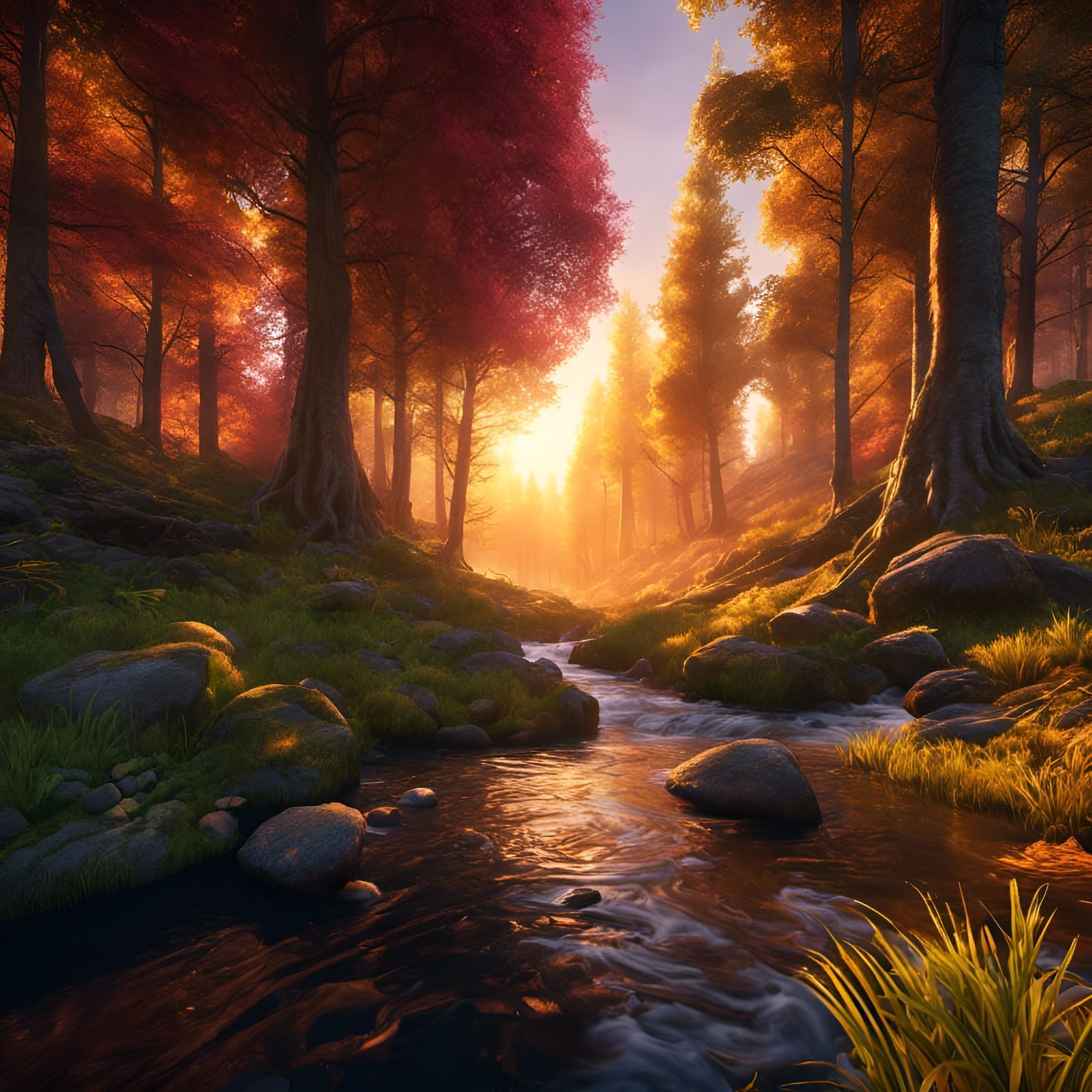 Epic Forest Landscape with River at Sunset