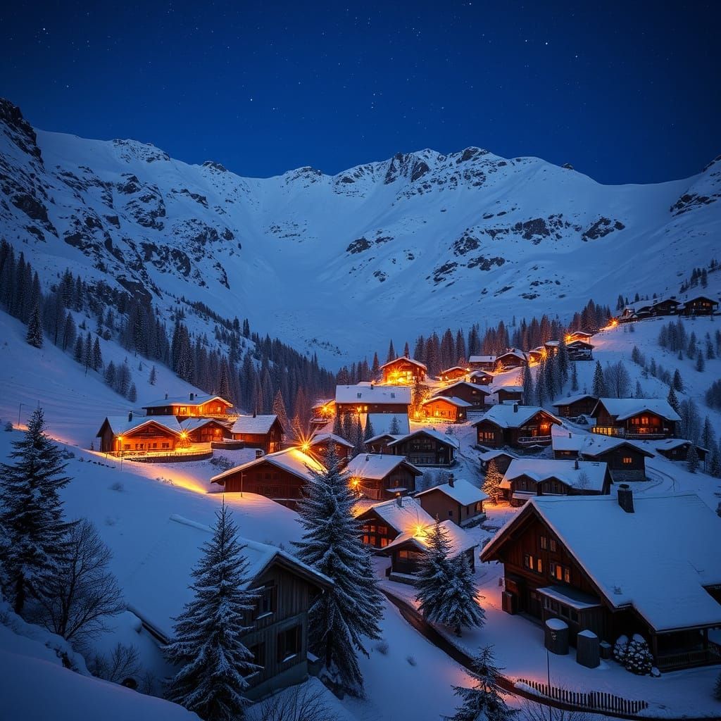 Snowy Alpine Village Illuminated by Lanterns at Night