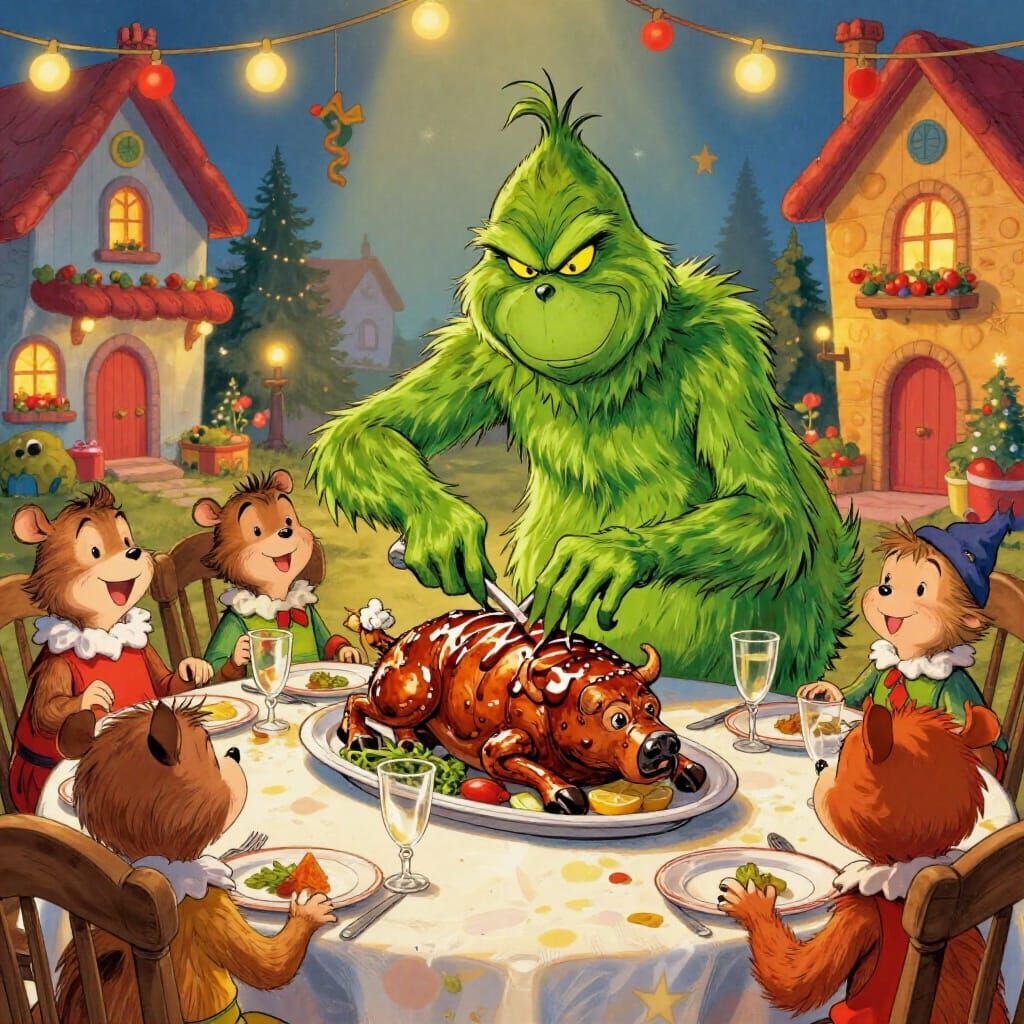 Grinch Carves Roast Beast for Cheering Whos in Storybook Sty...