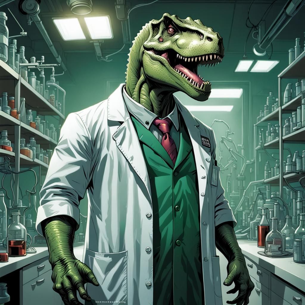 Green T-Rex Professor in Comic Book Style