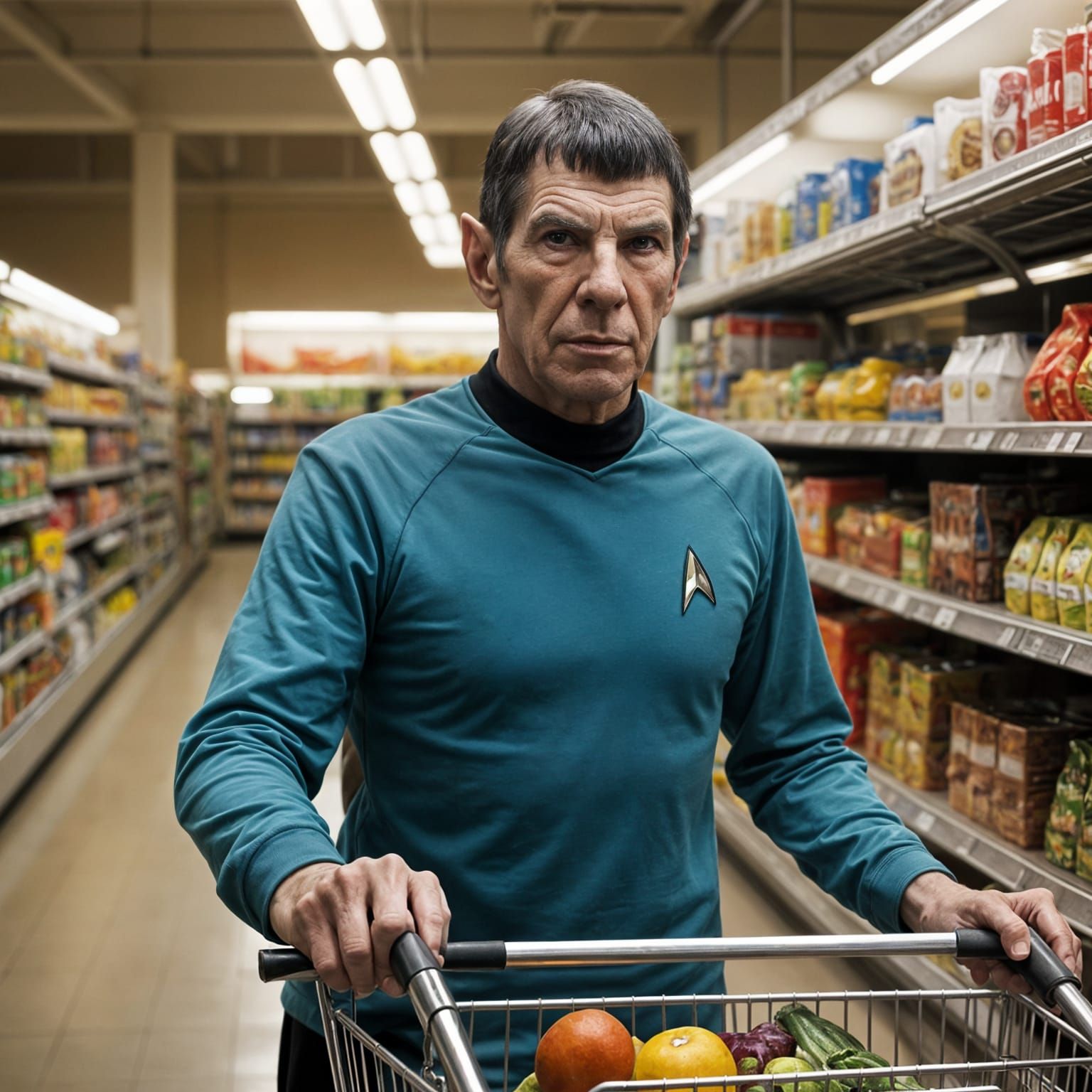 Spock Grocery Shopping in Hyperrealistic Style