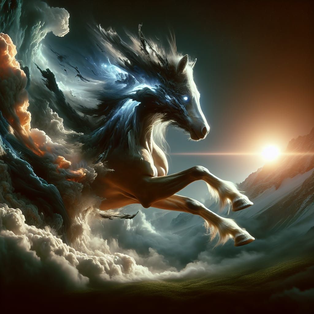 Surreal Horse-Wolf Hybrid Emerges from Cinematic Storm