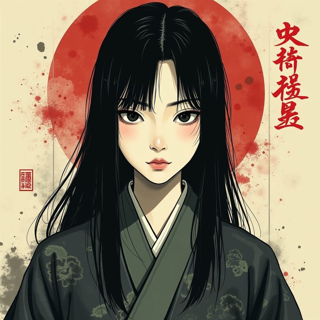 Japanese Woman Portrait in Neo-Traditional Ink Style